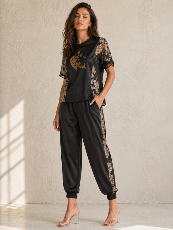 Pants - ST40. Black Satin Two-Piece Set with Gold Floral Accents